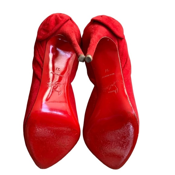 Christian Louboutin Barbara 100 Oeillet Red Suede Peep Toe Bow Heel Pumps - Picture 12 of 13